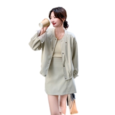 现货：秋装新款圆领夹克皮衣两件套装群2C135-6805P175K258，女装套装/套裙，2C135