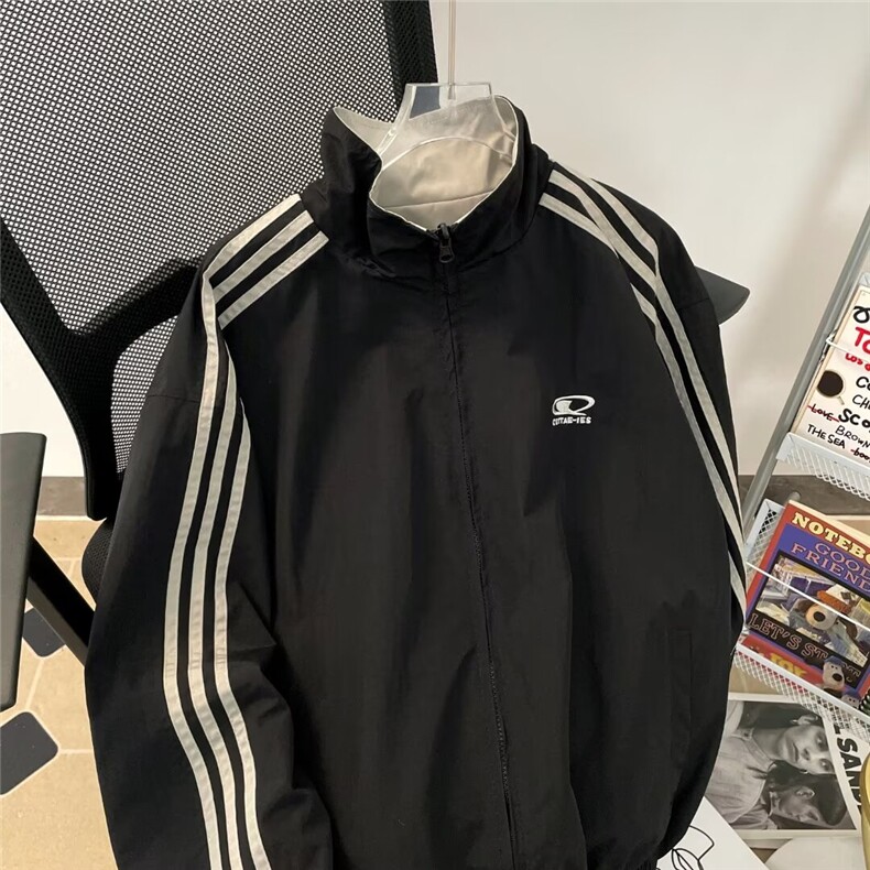 美式潮牌三条杠夹克秋冬季宽松复古两面穿情侣外套W9323/P70图片