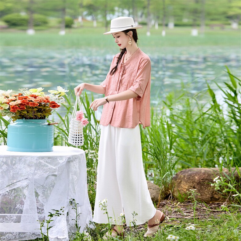 时尚洋气刺绣棉麻套装女2026夏季新款宽松遮肉显瘦阔腿裤两件套,女装套装/套裙,魅影