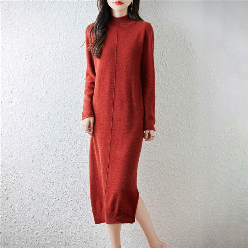 2025年秋季休闲风中长款长袖半高领竖纹下开叉，女装连衣裙，绒汀羊绒