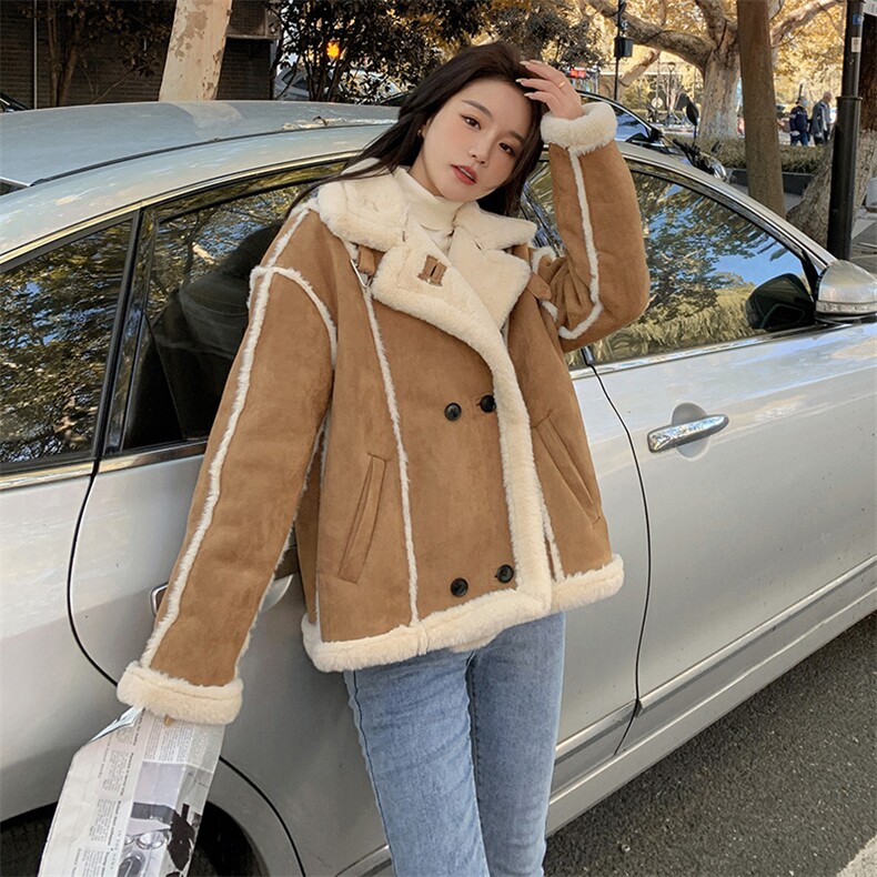 咖啡色皮毛一体机车羊羔毛短外套女2023冬季新款加厚加绒棉衣棉服,女装短外套,2C037