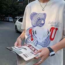 港风新款小熊印花T恤男夏季韩版百搭短袖休闲纯棉中袖T122P35控49图片