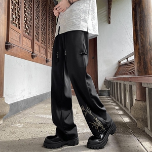 新中式风刺绣裤子男夏季薄款黑色西裤垂坠感高级感冰丝休闲长裤图片