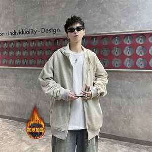 美式休闲雪花灰连帽卫衣插肩袖加绒拉链运动开衫外套男秋 W61图片
