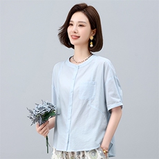 纯棉短袖衬衫女夏季2025年新款中年妈妈宽松休闲简约圆领衬衣上衣，女装衬衫，叶笙衣