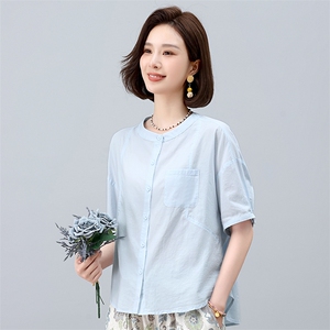 纯棉短袖衬衫女夏季2025年新款中年妈妈宽松休闲简约圆领衬衣上衣图片