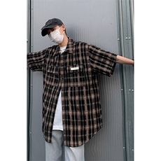衬衫男韩版潮流短袖格子贴标个性2023夏季新款ins外套CS0588-P43，男装衬衫，星座308B-1