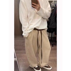 慵懒风撞色抽绳毛呢裤子男女小众vintage休闲弯刀裤潮 K663图片