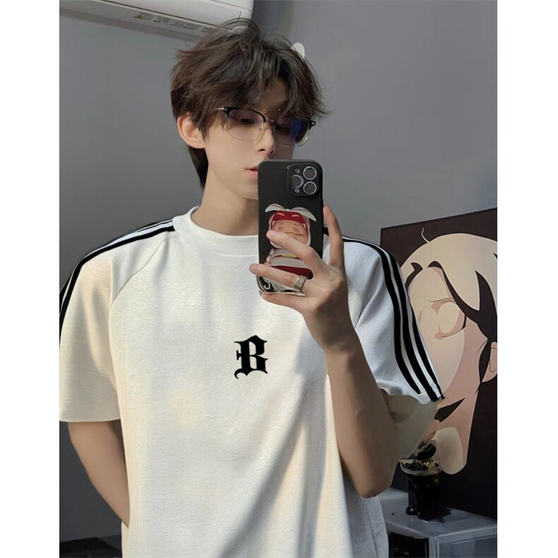 抖音得物高品质二开240克宽松纯棉美式潮牌三条杠织带短袖T恤，男装T恤，电商A486-1