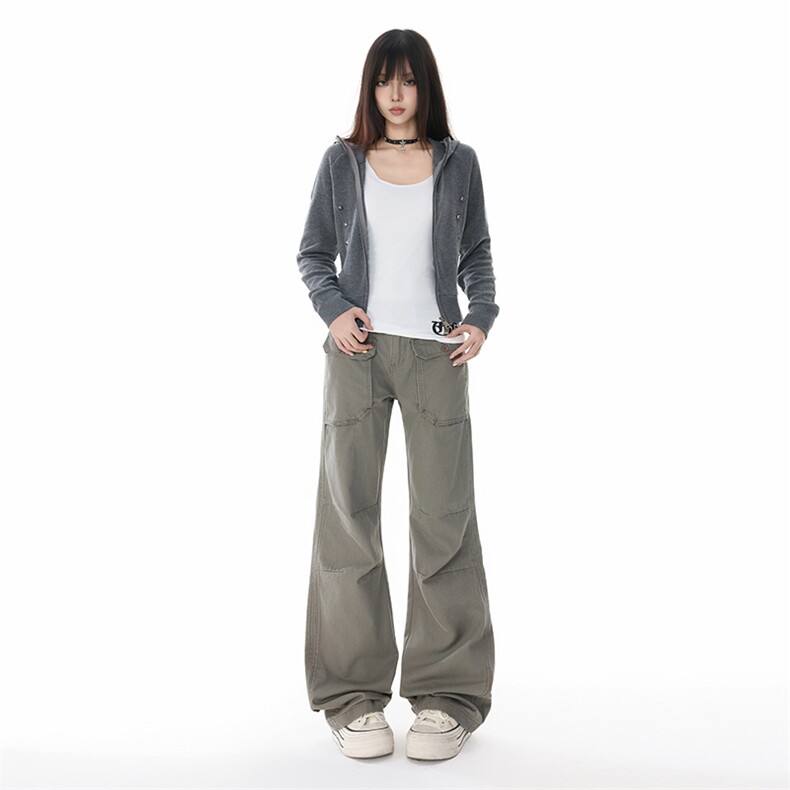 美式复古多口袋工装裤女2025夏季新款直筒微喇拖地裤YD9041-P75图片