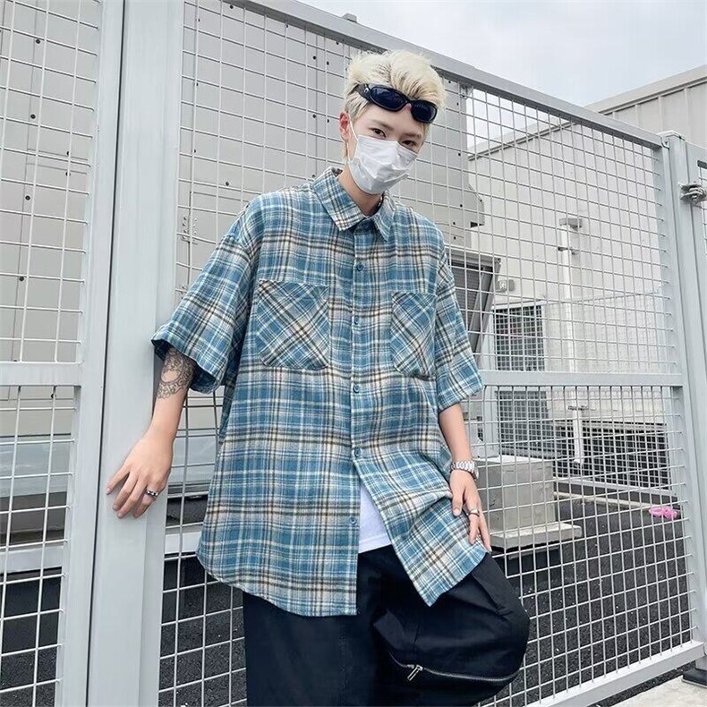 复古短袖衬衫男夏季新款港风宽松潮流休闲格子半袖衬衣服,男装衬衫,星座410-7