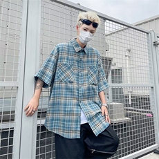 复古短袖衬衫男夏季新款港风宽松潮流休闲格子半袖衬衣服，男装衬衫，星座410-7