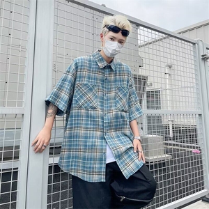 复古短袖衬衫男夏季新款港风宽松潮流休闲格子半袖衬衣服图片
