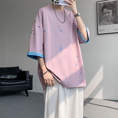 T10137-特批33控68开口笑高品质夏季大码短袖破洞潮流百搭T恤，男装T恤，电商A059