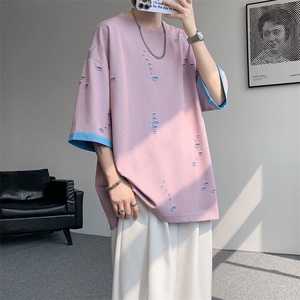 T10137-特批33  控68 开口笑高品质夏季大码短袖破洞潮流百搭T恤图片