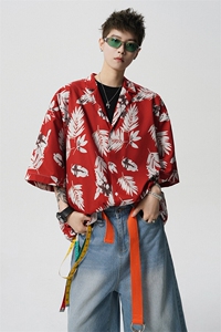 8XL-M 冰丝凉感衬衣垂感透气复古花纹宽松男五分袖短袖衬衫CS526图片