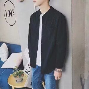 衬衫长袖男韩版黑色立领帅气棉麻衬衣ins港风休闲男士夏季寸衫潮图片