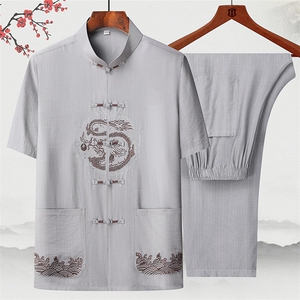 2025夏季薄款高端风棉麻绣花短袖衬衫唐装汉服套装2312-P95图片
