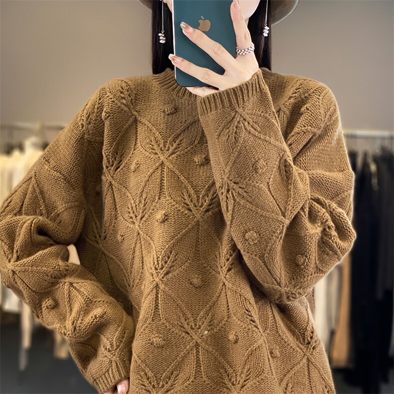 重工镂空钩花100%纯羊毛衫女圆领纯色长袖针织毛衣宽松羊绒打底衫,女装羊毛衫,琳华羊绒