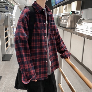 2025秋冬潮牌长袖格子衬衫学生衬衣小清新男 CS2070/特P28 红色图片