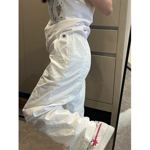 现货 美式高街白色伞兵裤女薄夏季宽松阔腿运动休闲裤WLK244-P45图片