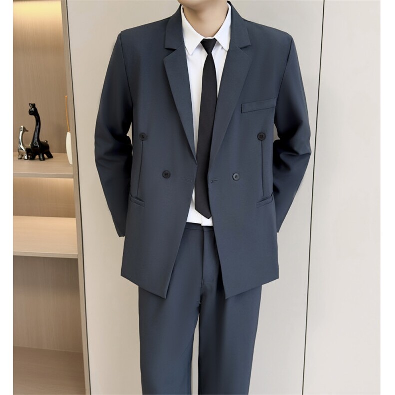 2026春季男装深黛蓝色绅士双排扣西装欧美大气戗驳领西服两件套装,男装西服套装,星座601-1