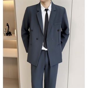2026春季男装深黛蓝色绅士双排扣西装欧美大气戗驳领西服两件套装图片