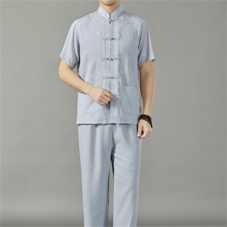 MJ236T男士2023年夏季新款唐装男短袖风纽扣休闲套装男P59，男装民族服装，电商B360