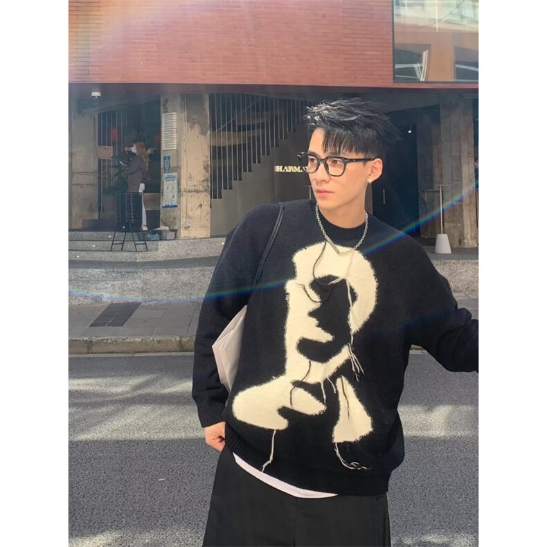 MM142-P68秋冬加厚毛衣潮流宽松抽象针织衫冬季港风慵懒线衣外套,针织衫/毛衣,星座617A-2