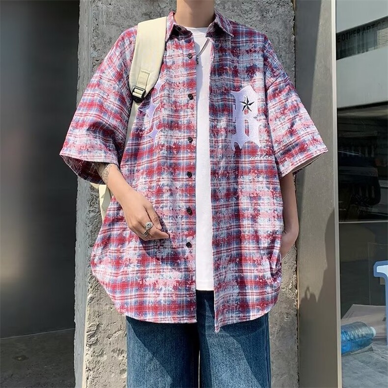 美式复古高街刺绣短袖格子衬衫男夏季宽松情侣潮牌衬衣CS372-P40图片