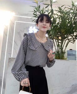 新款春款格纹文艺小清新上衣图片