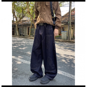 美式复古蓝色立体鞋印设计弯刀牛仔裤男潮牌阔腿镰刀裤图片