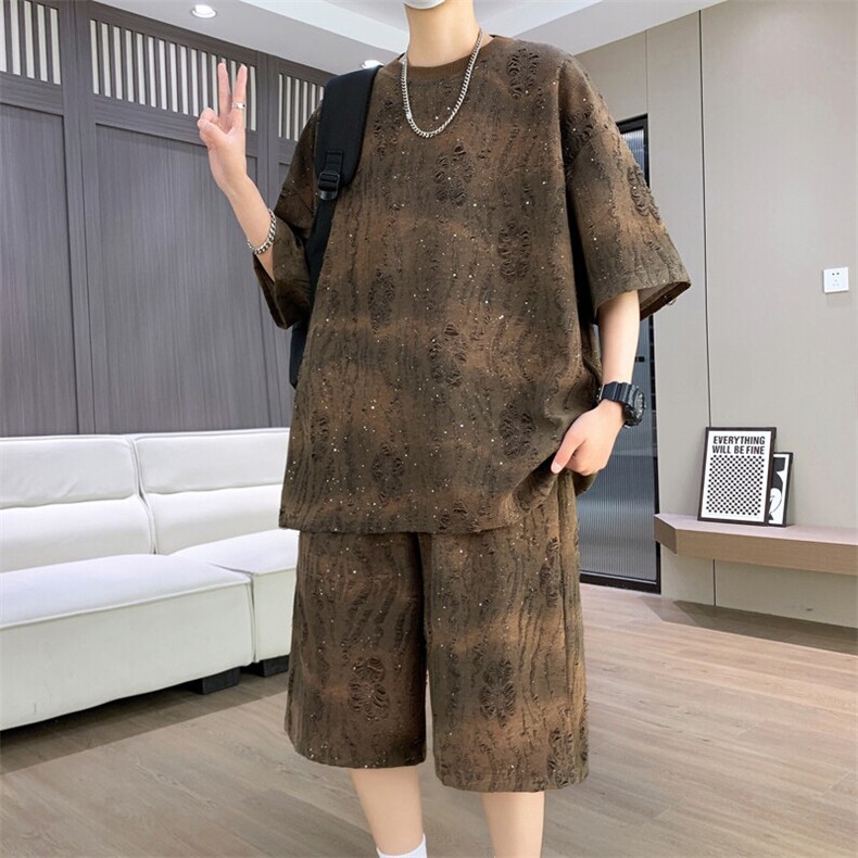 港风套装男扎染满天星圆领宽松休闲短袖T恤短裤套装TZ6630-P55,男装休闲套装,星座310B-3