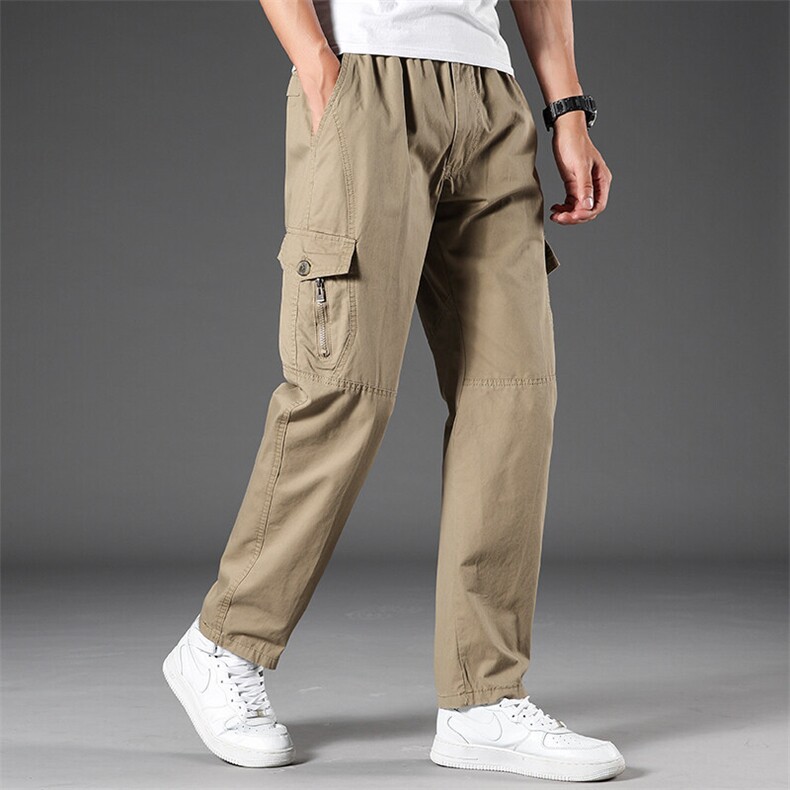 春秋季新款纯棉直筒休闲裤男士拉链多口袋工装裤加大码阔腿裤宽松，男装休闲裤，钱塘6003（原4033）