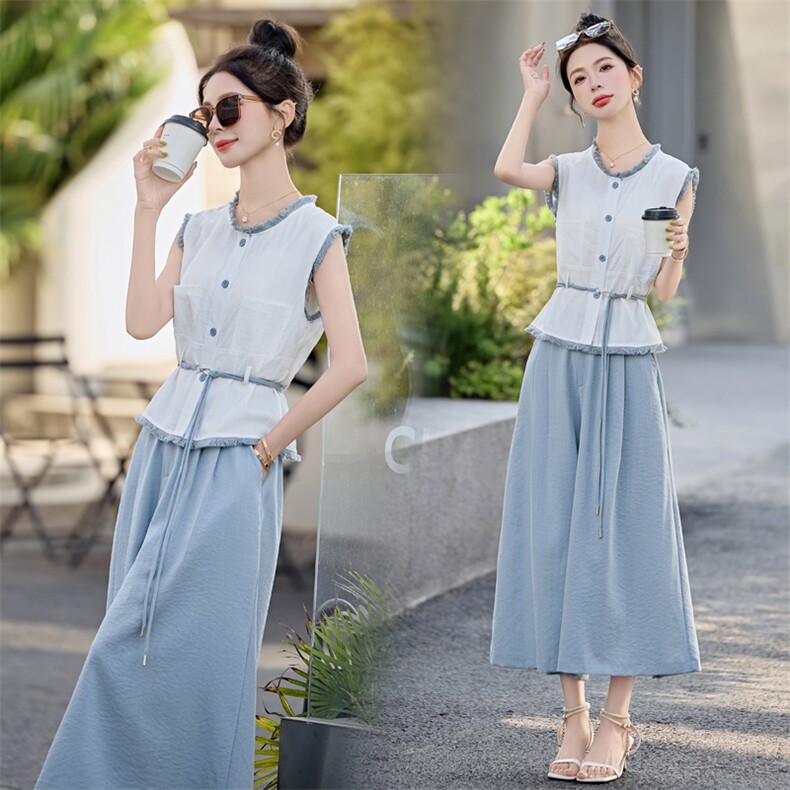 2026小香风休闲时尚套装女夏大码胖mm宽松遮肚藏肉阔腿裤两件套，女装套装/套裙，尚洛菲