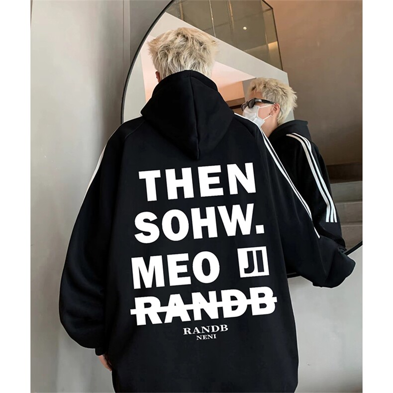 抖音得物品质480克全棉加绒织带连帽印花卫衣三条杠针织卫衣A0403图片