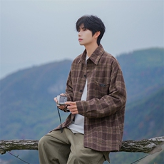 抖音格子衬衫男长袖秋季男生秋冬复古衬衫外套DX809P45控78，男装衬衫，电商B413-1