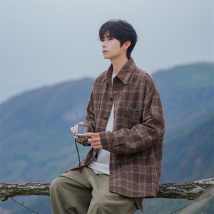 抖音格子衬衫男长袖秋季男生秋冬复古衬衫外套 DX809 P45控78图片