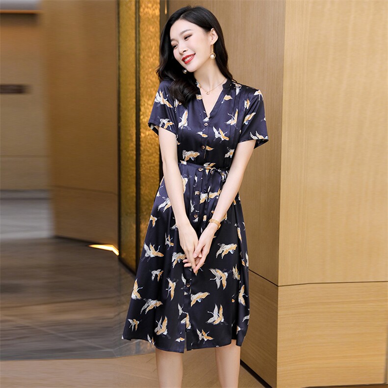 【桑榆非晚】夏季新款桑蚕丝连衣裙中老年不挑身材中长裙12450,女装连衣裙,阿舍尔精品