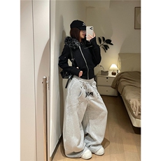 布零零字母灰色加绒卫裤女秋冬加厚宽松弯刀阔腿美式休闲运动裤男，男装休闲裤，星座506A