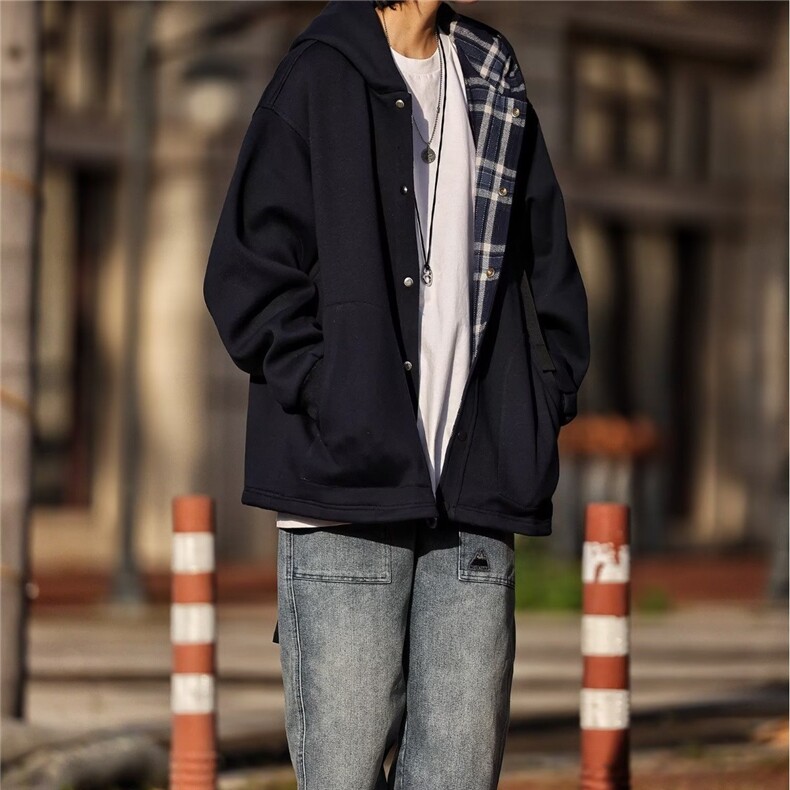 春秋季新款日系复古纯色格纹开衫男女休闲宽松连帽卫衣外套气质,女装短外套,星座506A