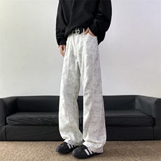 白色脏脏牛仔裤男女韩版潮流高街百搭2024冬季ins长裤RK2351-P48，男装牛仔裤，星座412-2