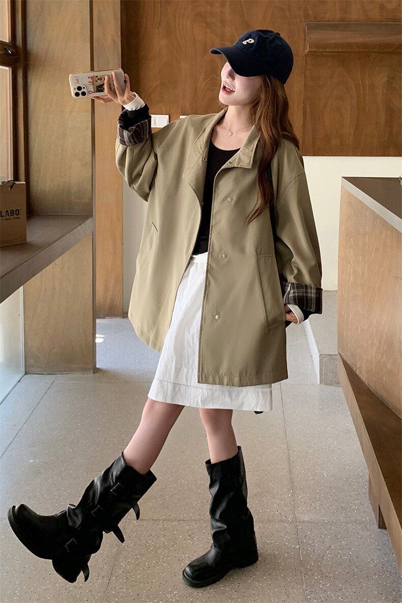 新款！格纹拼接卡其色风衣外套2c169-2565-P160K238,女装风衣,2C169