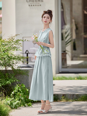 夏季天丝棉麻牛仔连衣裙套装女新款小香风蕾丝马甲半身长裙两件套，女装套装/套裙，依路服饰