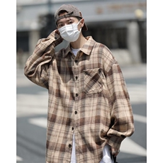 43%棉格子长袖衬衫男女情侣款宽松衬衣1254-P38，男装衬衫，星座910-5