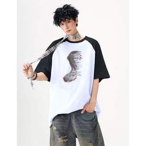 抖音得物高品质二开240克宽松纯棉美式潮牌插肩袖拼接短袖T恤图片