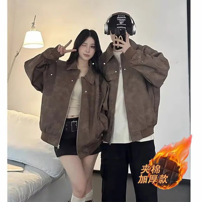 美式复古棕色皮衣外套男秋冬季潮牌高级感夹棉加厚麂皮绒夹克棉衣,男装皮衣,星座218-8