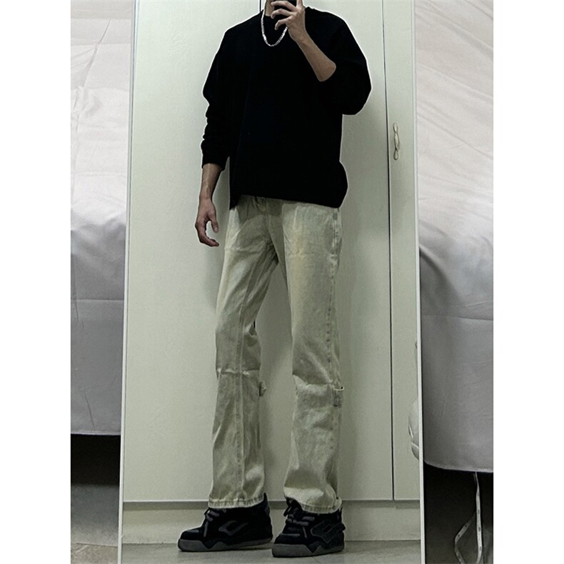 美式ins高街vibe重工艺水洗复古黄泥牛仔裤货号K2316P55图片