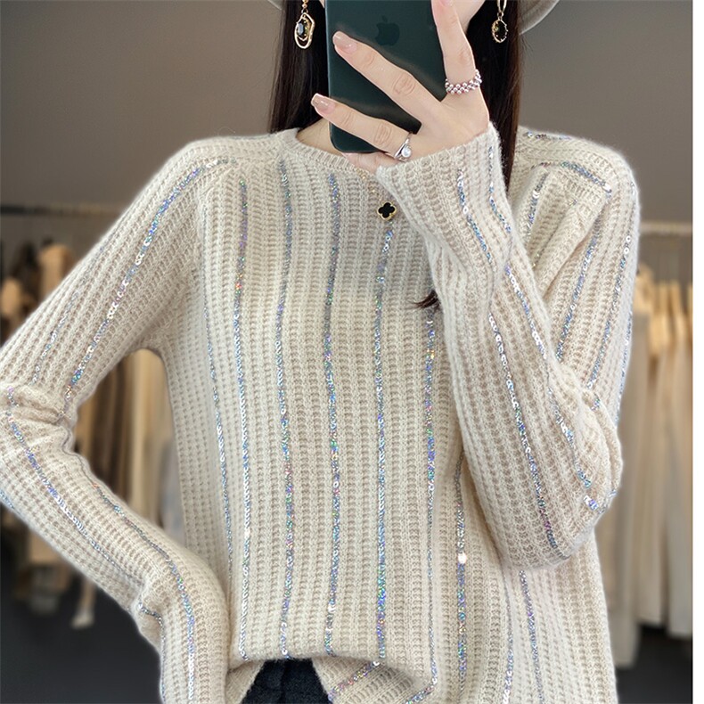 羊毛衫女2023秋冬新款圆领亮片加厚上衣毛衣针织打底衫,女装羊毛衫,片语羊绒