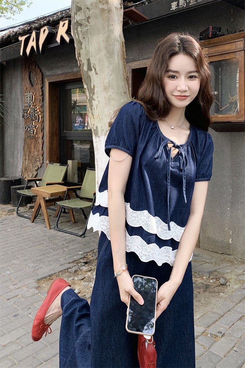 2025年夏季新款牛仔拼蕾丝花边两件套P155K218,女装套装/套裙,帛锦泉
